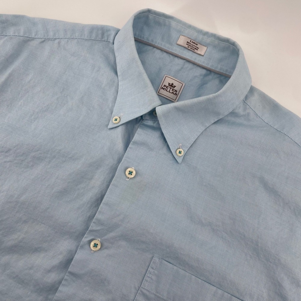 Peter Millar Button Down Shirt Mens Large Blue Micro Check Short Sleeve Cotton